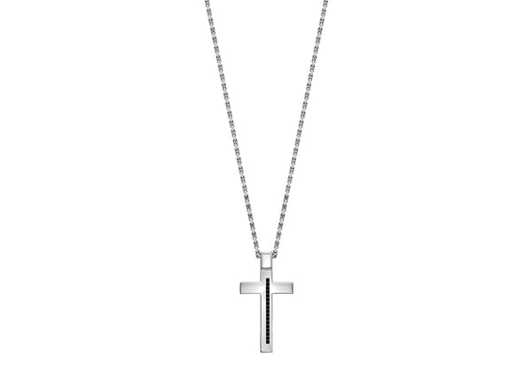 Hoxton London Men's Sterling Silver Stone Black Zirconia  Cross Adjustable Necklace