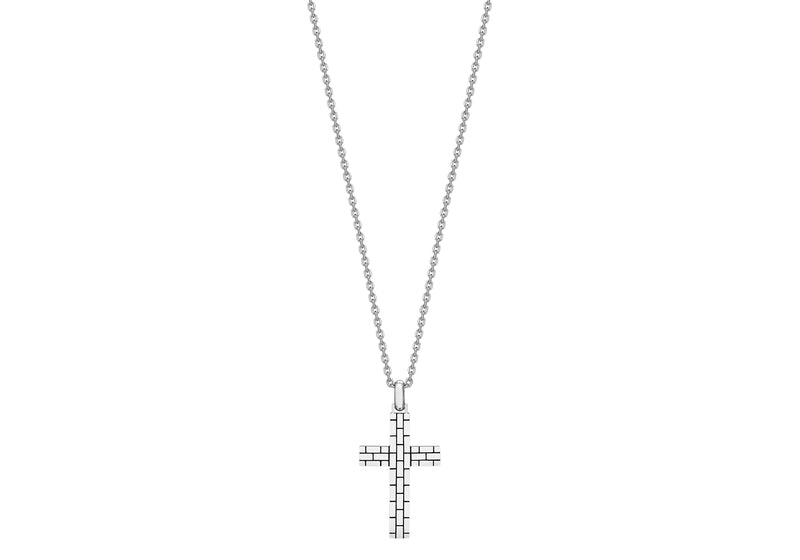 Hoxton London Men's Sterling Silver Brick Pattern Cross Adjustable Necklace