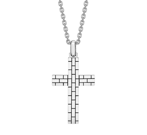 Hoxton London Men's Sterling Silver Brick Pattern Cross Adjustable Necklace