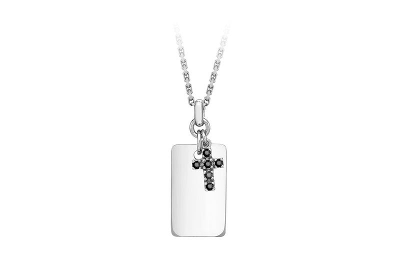 Hoxton London Men's Sterling Silver Black Sapphire Set Cross and Dog Tag Adjustable Necklace