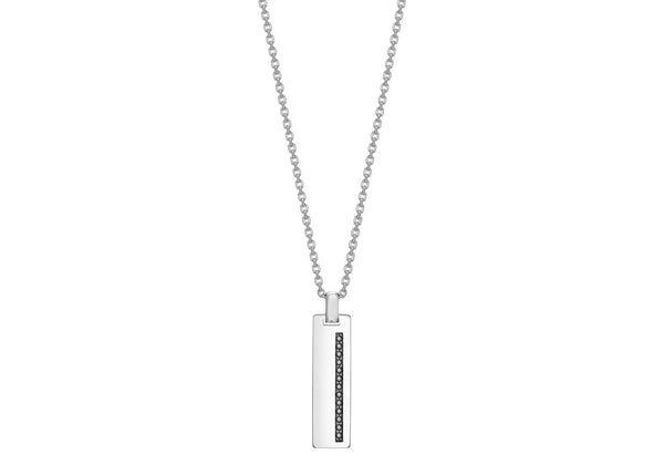 Hoxton London Men's Sterling Silver Black Sapphire Set Dog Tag Adjustable Necklace