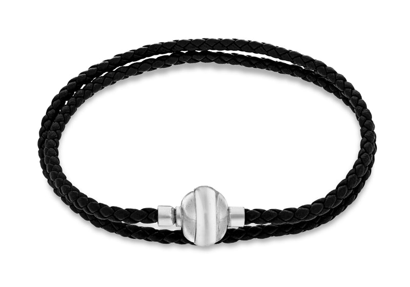 Sterling Silver Black Plaited Leather Wrap Bracelet 41m/16"9