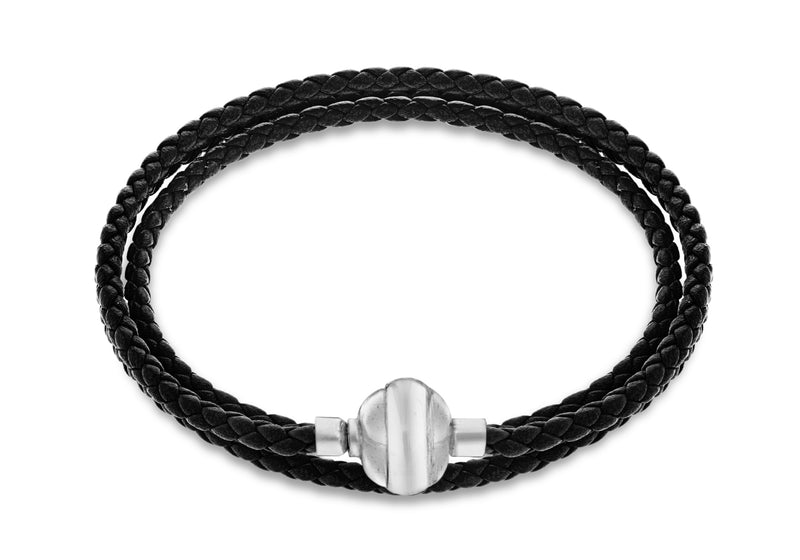 Sterling Silver Black Plaited Leather Wrap Bracelet 61m/24"9