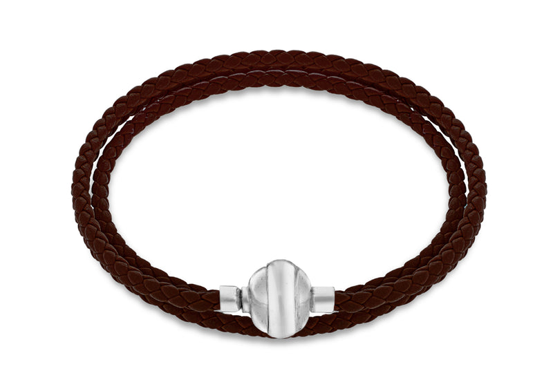 Sterling Silver Brown Plaited Leather Wrap Bracelet 61m/24"9
