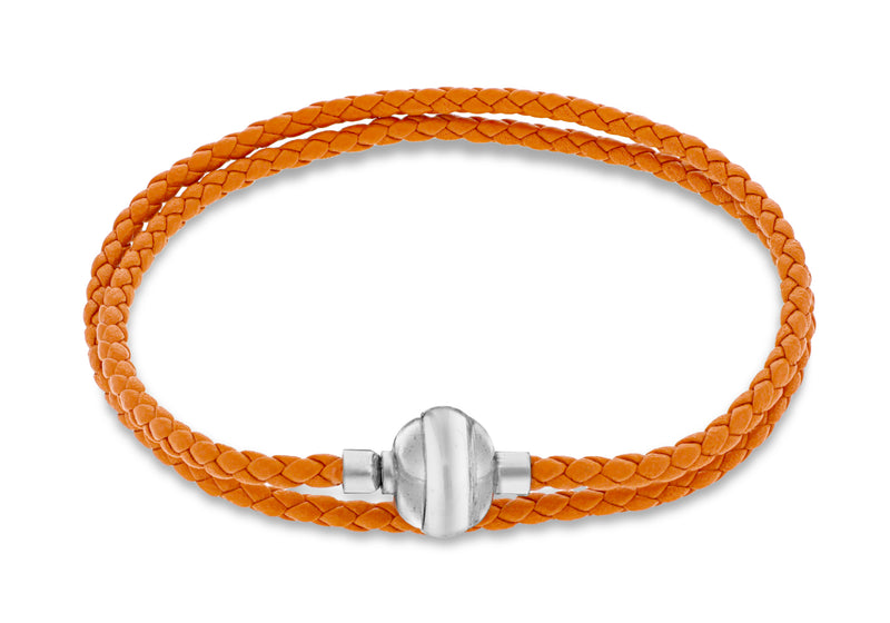 Sterling Silver Orange Plaited Leather Wrap Bracelet 41m/16"9