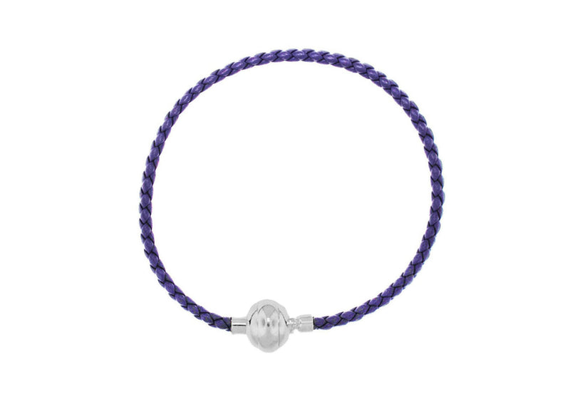 Sterling Silver Purple Plaited Leather Bracelet 19m/7.5"9