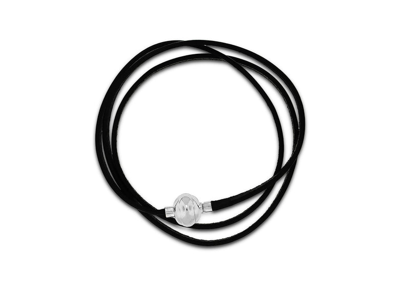 Sterling Silver Black Leather Wrap Bracelet 61m/24"9