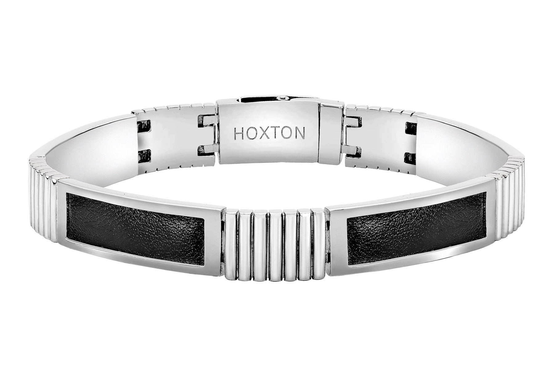 Hoxton London Men's Sterling Silver Bold Link Leather Inlay with Ribbed Detail9
