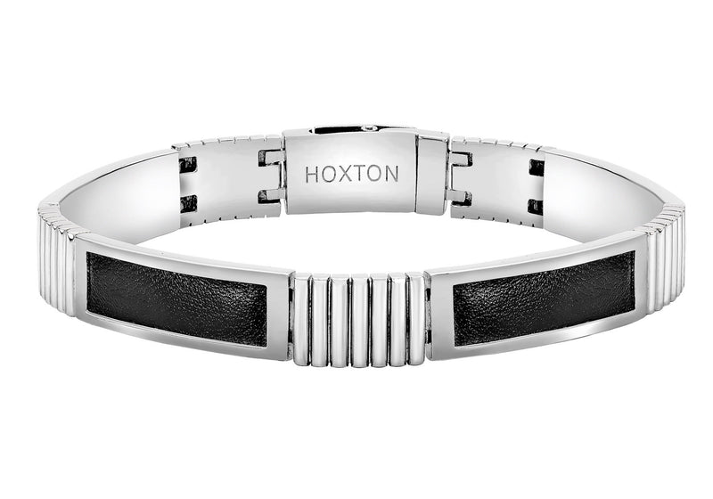 Hoxton London Men's Sterling Silver Bold Link Leather Inlay with Ribbed Detail9
