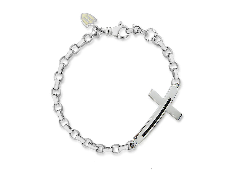 Hoxton London Men's Sterling Silver Stone Black Zirconia  Cross Adjustable Bracelet