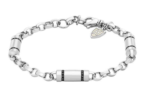 Hoxton London Men's Sterling Silver Stone Black Zirconia  ylindrial Link Bracelet