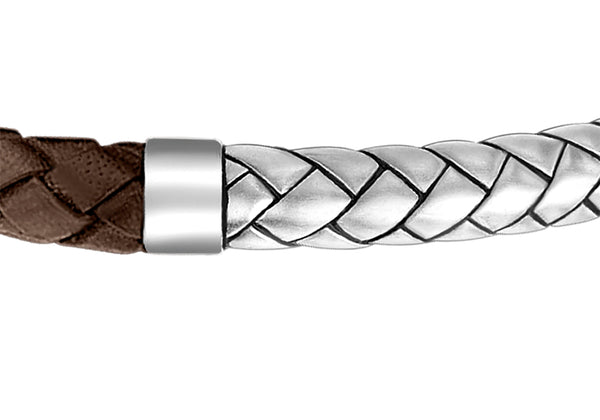 Hoxton London Men's Sterling Silver Herringbone Brown Leather Bracelet