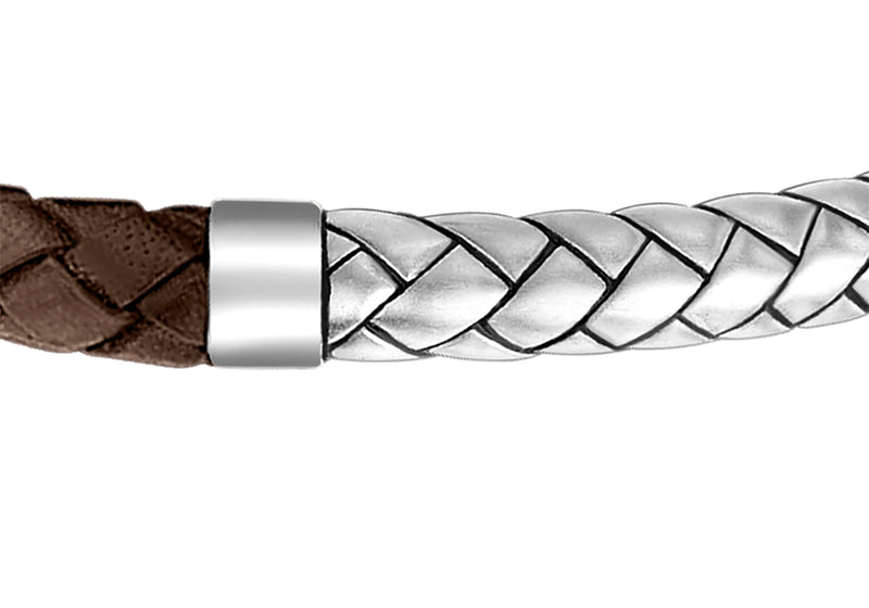 Hoxton London Men's Sterling Silver Herringbone Brown Leather Bracelet