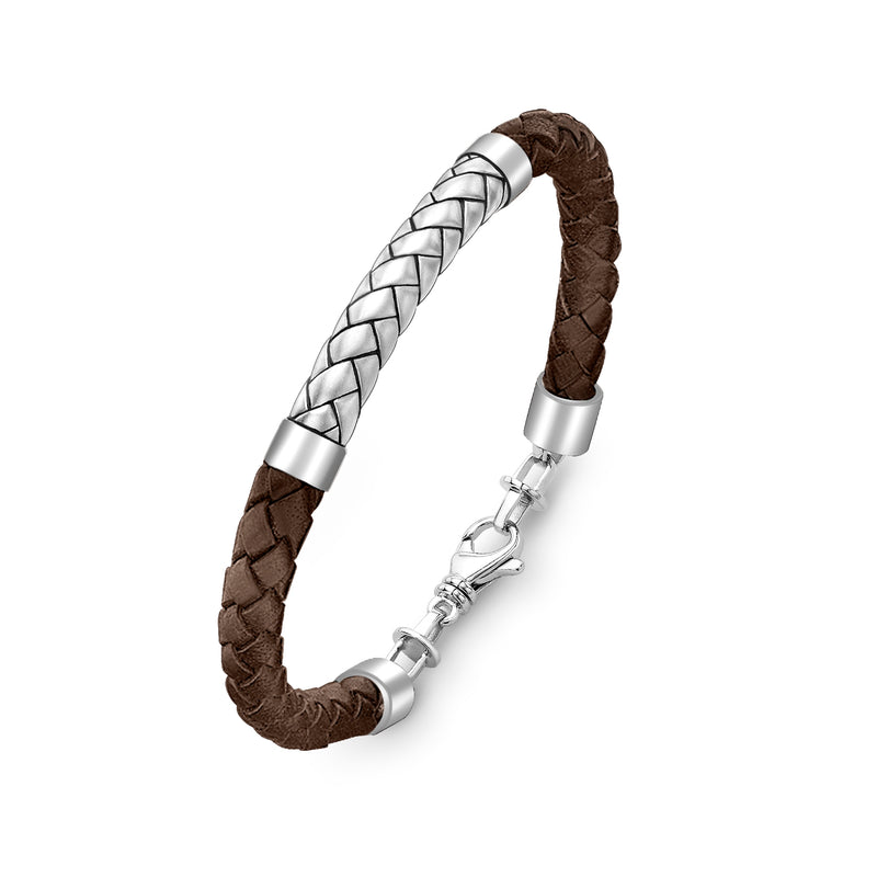 Hoxton London Men's Sterling Silver Herringbone Brown Leather Bracelet