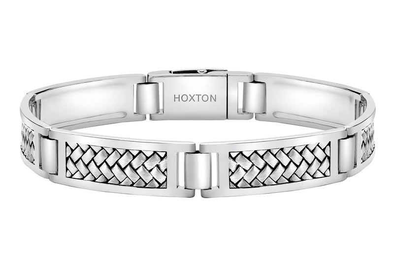 Hoxton London Men's Sterling Silver Rhodium Plated Herringbone Rectangular Link Bracelet