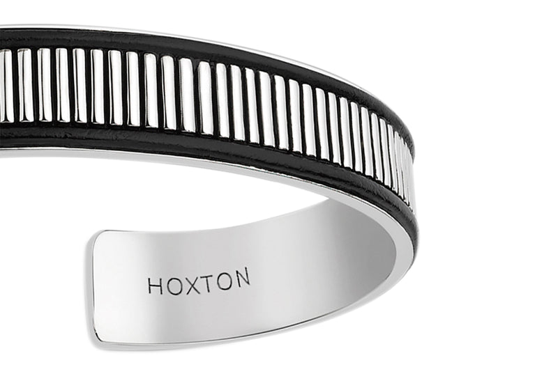 Hoxton London Men's Sterling Silver Bold Leather Ribbed uff Bangle
