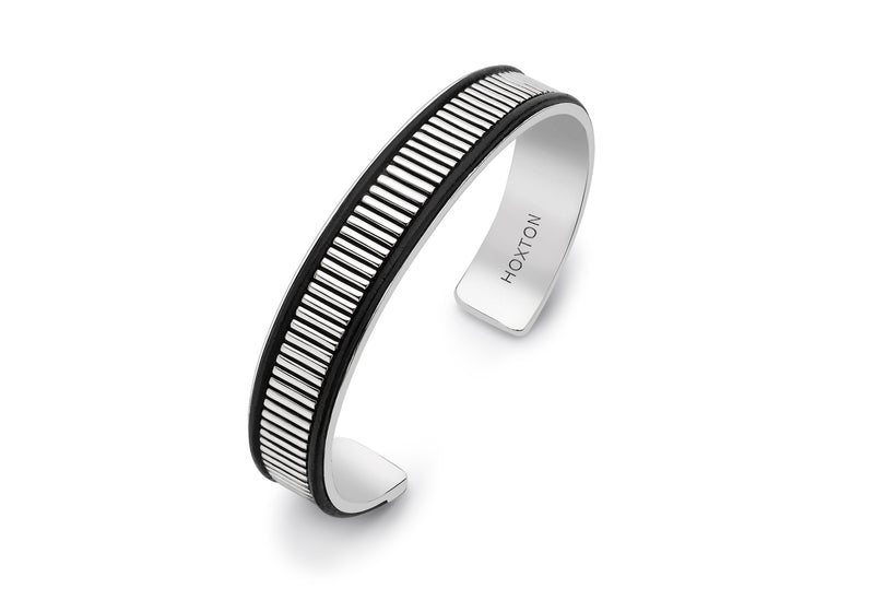 Hoxton London Men's Sterling Silver Bold Leather Ribbed Cuff Bangle