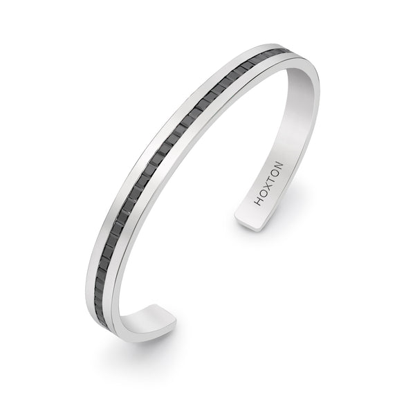 Hoxton London Men's Sterling Silver Stone Black Zirconia  uff Bangle