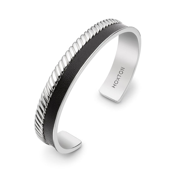 Hoxton London Men's Sterling Silver Twist Leather Inlay uff Bangle