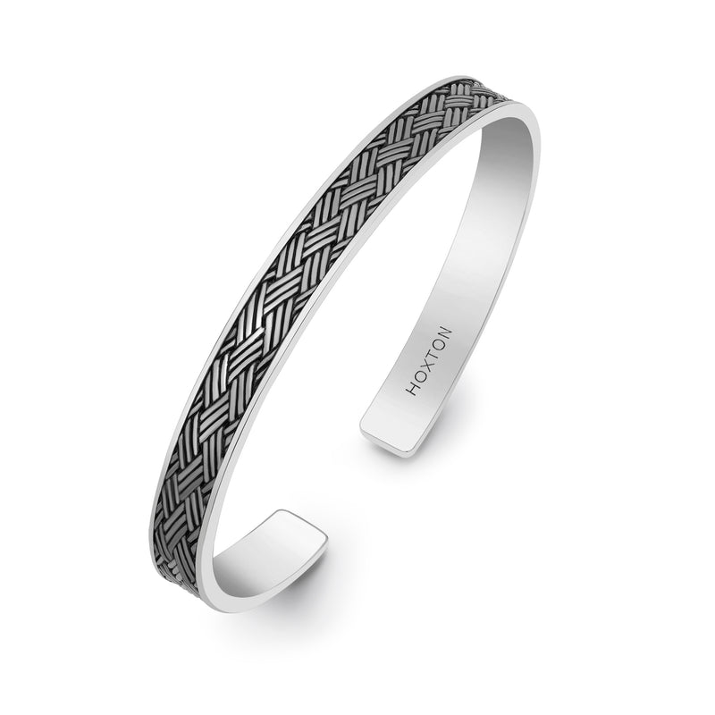 Hoxton London Men's Sterling Silver Bamboo Woven Pattern Oxidised  Bangle