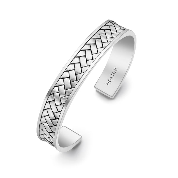 Hoxton London Men's Sterling Silver Rhodium Plated Herringbone uff Bangle