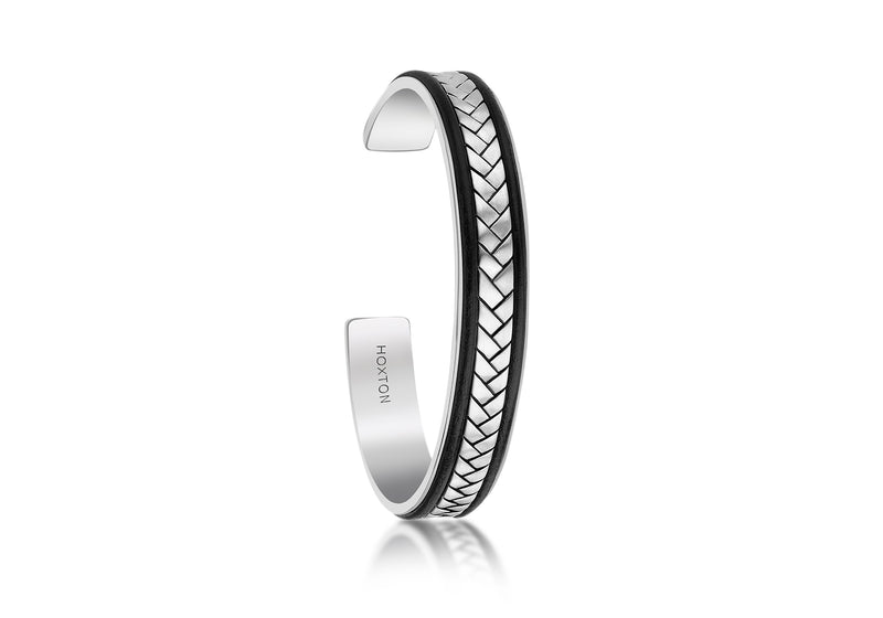 Hoxton London Men's Sterling Silver Herringbone Leather Inlay uff Bangle