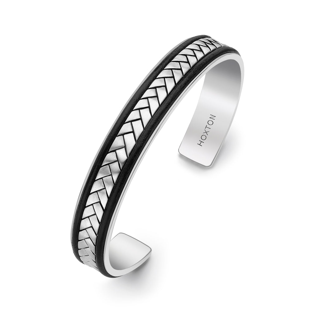 Hoxton London Men's Sterling Silver Herringbone Leather Inlay uff Bangle