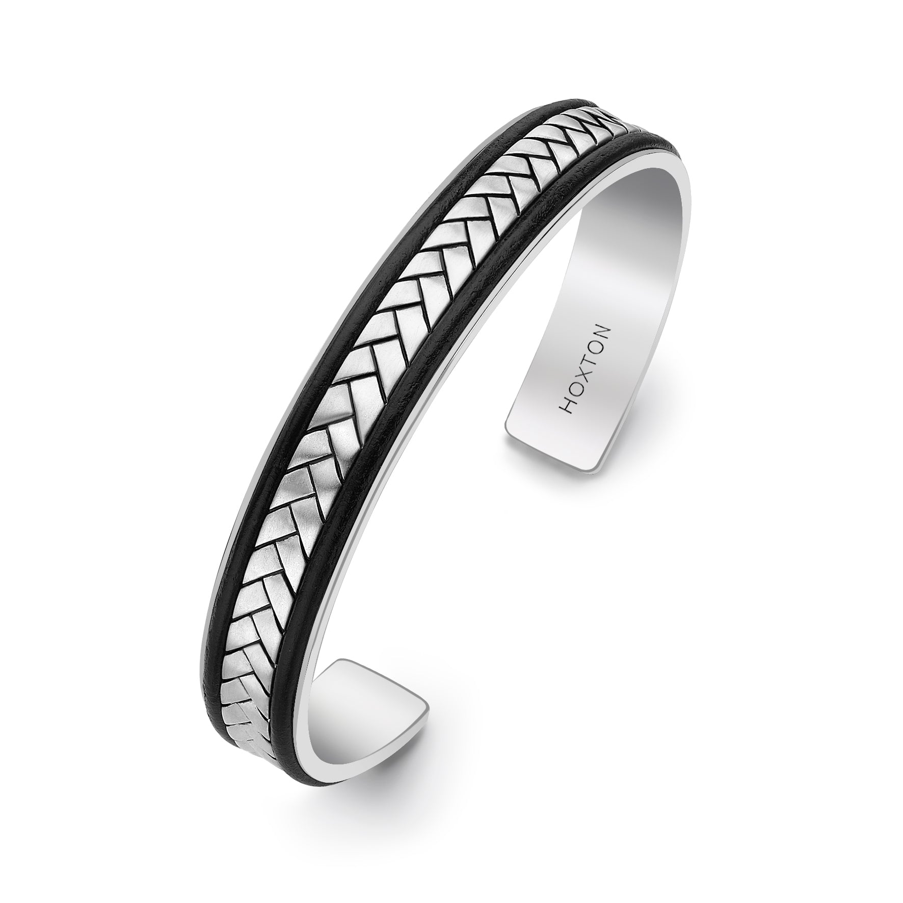 Hoxton London Men's Sterling Silver Herringbone Leather Inlay uff Bangle