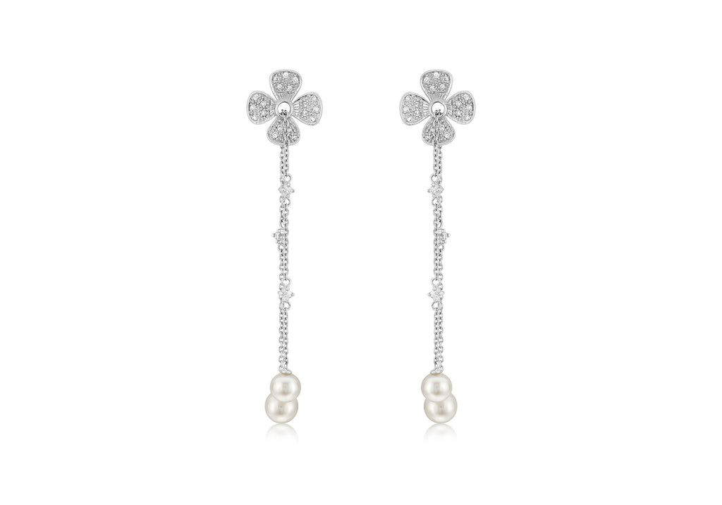18ct White Gold 0.31ct Diamonds and Pearls Blossom Chain Earrings