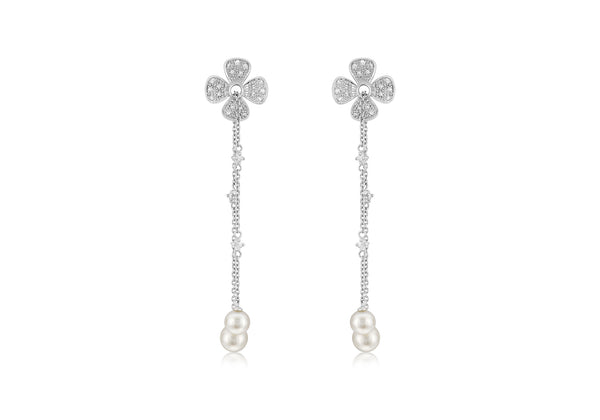 18ct White Gold 0.31ct Diamonds and Pearls Blossom Chain Earrings