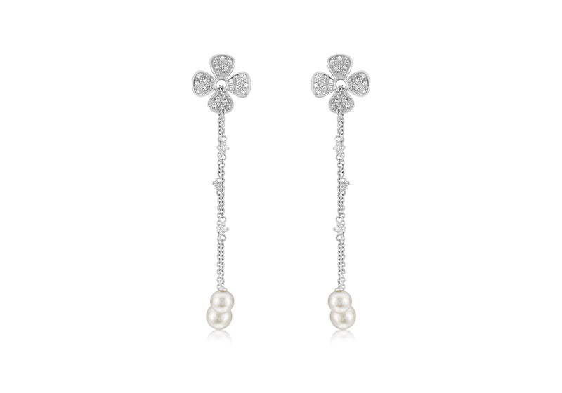 18ct White Gold 0.31ct Diamonds and Pearls Blossom Chain Earrings