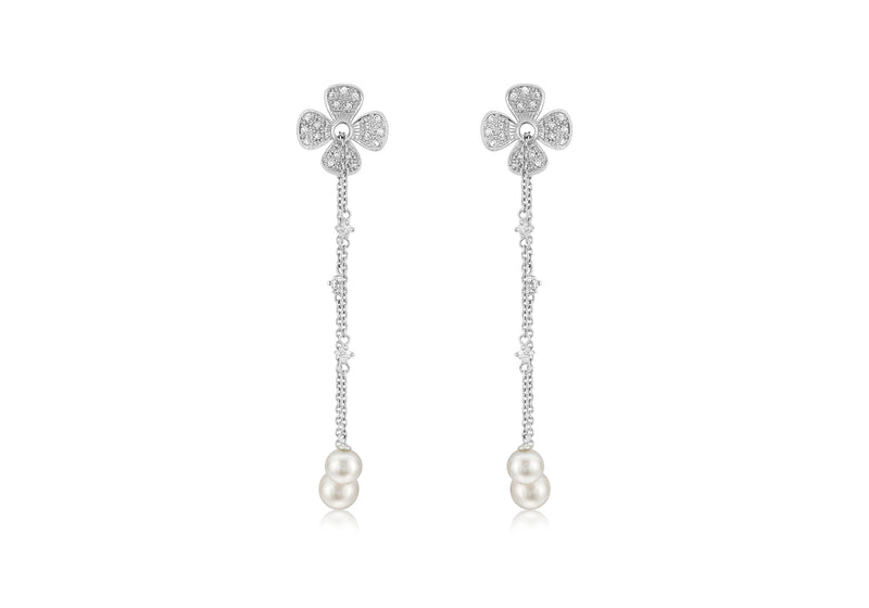 18ct White Gold 0.31ct Diamonds and Pearls Blossom Chain Earrings