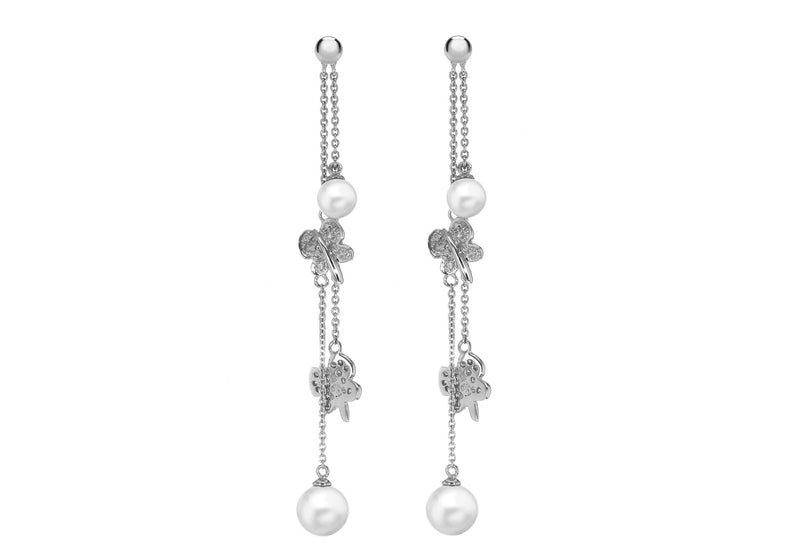 18ct White Gold Pearl & Butterfly Drop Earrings 
