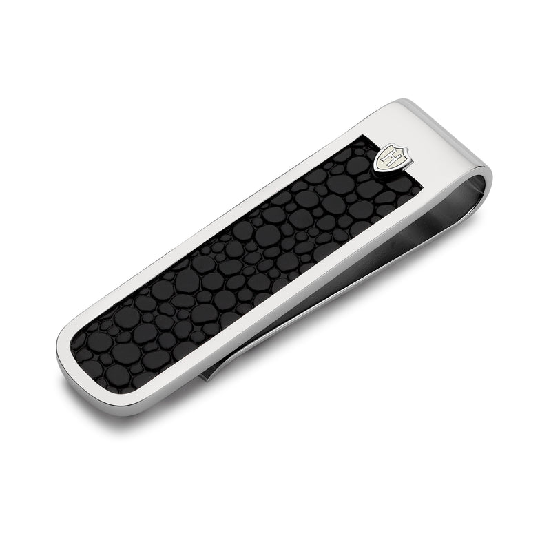 Hoxton London Men's Sterling Silver Black Leather Inlay Moneyclip