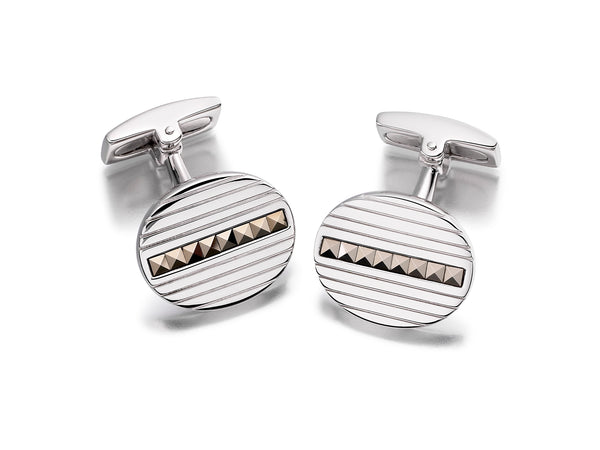 Hoxton London Men's Sterling Silver Oval Marasite Set Ribbed Cufflinks