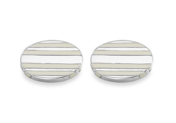 Hoxton London Men's Sterling Silver White Stripe Enamel Oval Cufflinks