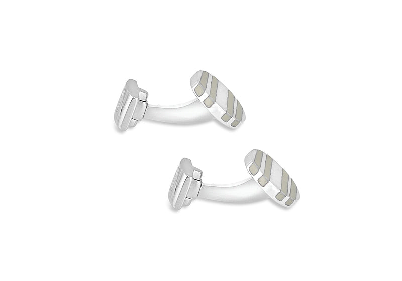 Hoxton London Men's Sterling Silver White Stripe Enamel Oval Cufflinks
