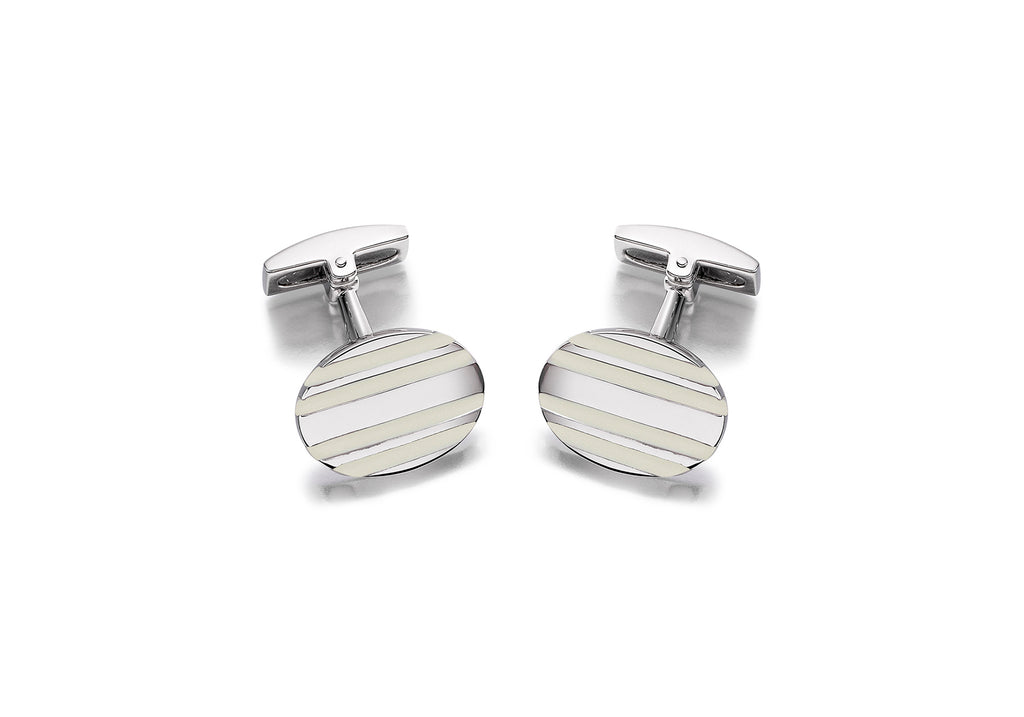 Hoxton London Men's Sterling Silver White Stripe Enamel Oval Cufflinks