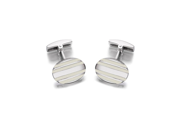 Hoxton London Men's Sterling Silver White Stripe Enamel Oval Cufflinks