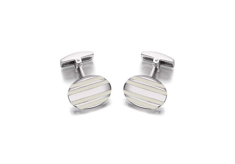 Hoxton London Men's Sterling Silver White Stripe Enamel Oval Cufflinks