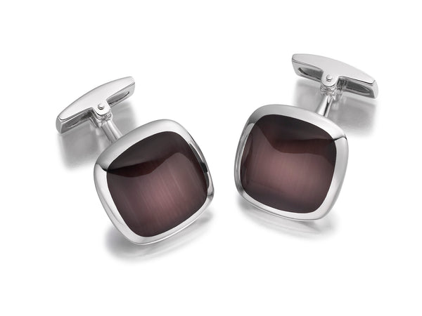 Hoxton London Men's Sterling Silver Brown Cats Eye Square Cushion Cufflinks