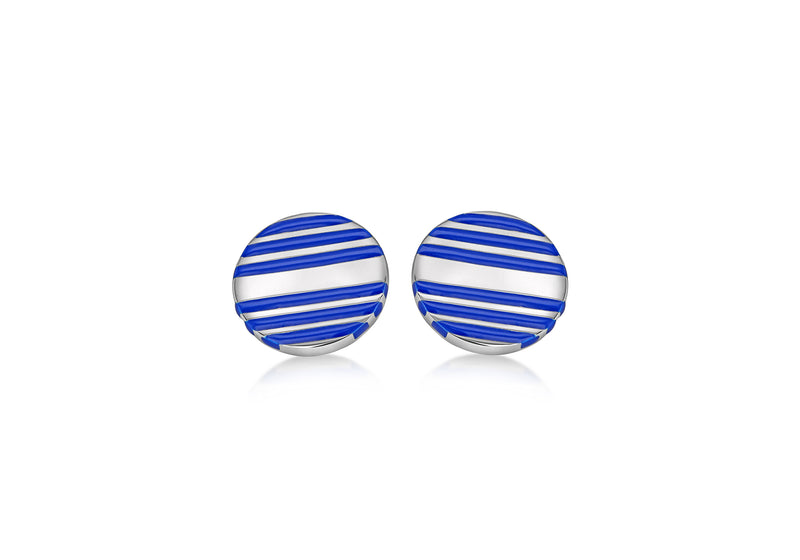 Hoxton London Men's Sterling Silver Blue Enamel Stripe Round Cufflinks