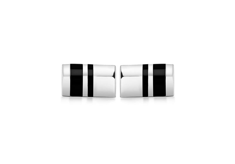 Hoxton London Men's Sterling Silver and Onyx Stripe Retangle Cufflinks