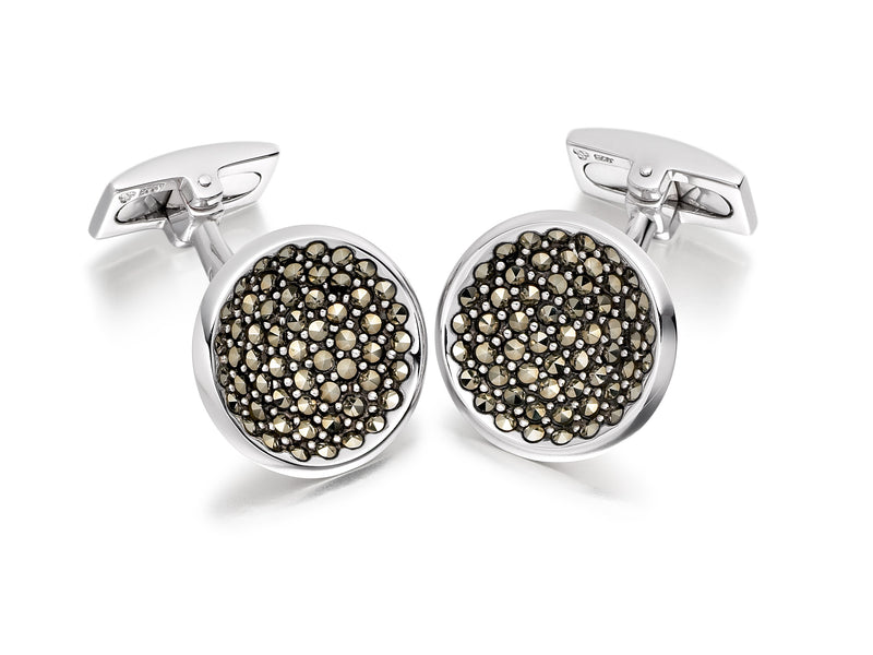 Hoxton London Men's Sterling Silver and Marasite Set Round Cufflinks