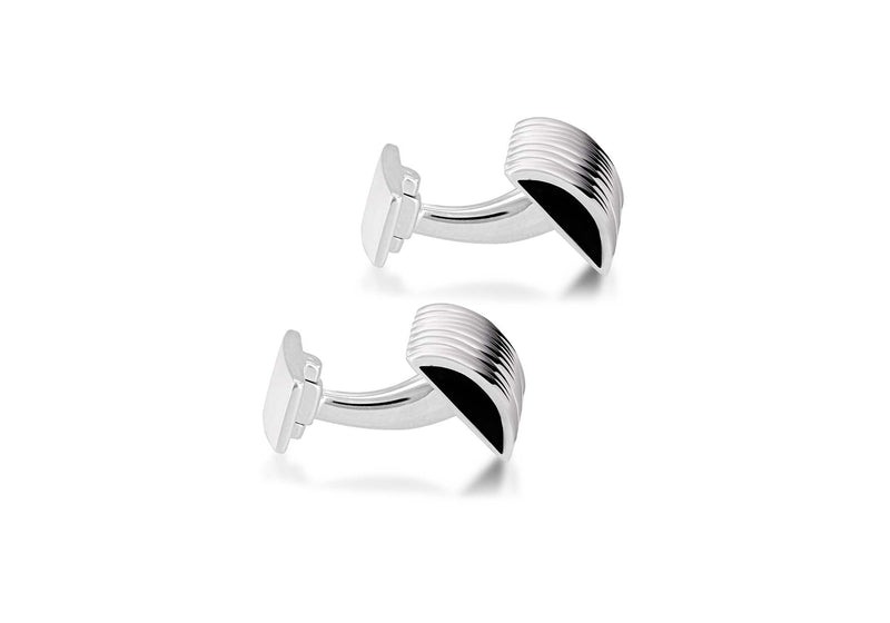 Hoxton London Men's Sterling Silver Ribbed Half ylinder with Black Agate Cufflinks
