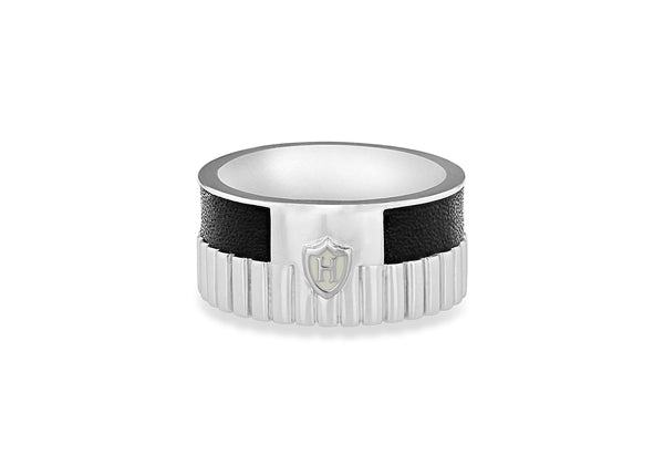 Hoxton London Men's Sterling Silver Bold Leather Inlay Ribbed Ring
