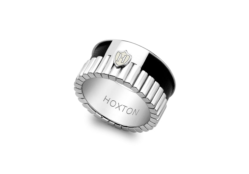 Hoxton London Men's Sterling Silver Bold Leather Inlay Ribbed Ring
