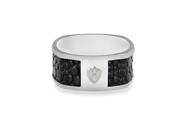 Hoxton London Men's Sterling Silver Black Leather Inlay Ring