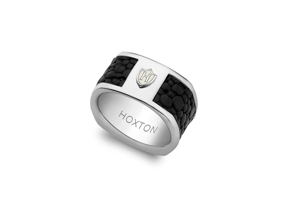 Hoxton London Men's Sterling Silver Black Leather Inlay Ring