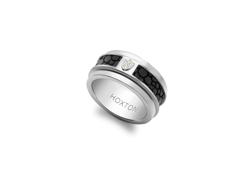 Hoxton London Men's Sterling Silver Black Leather Spinning Ring